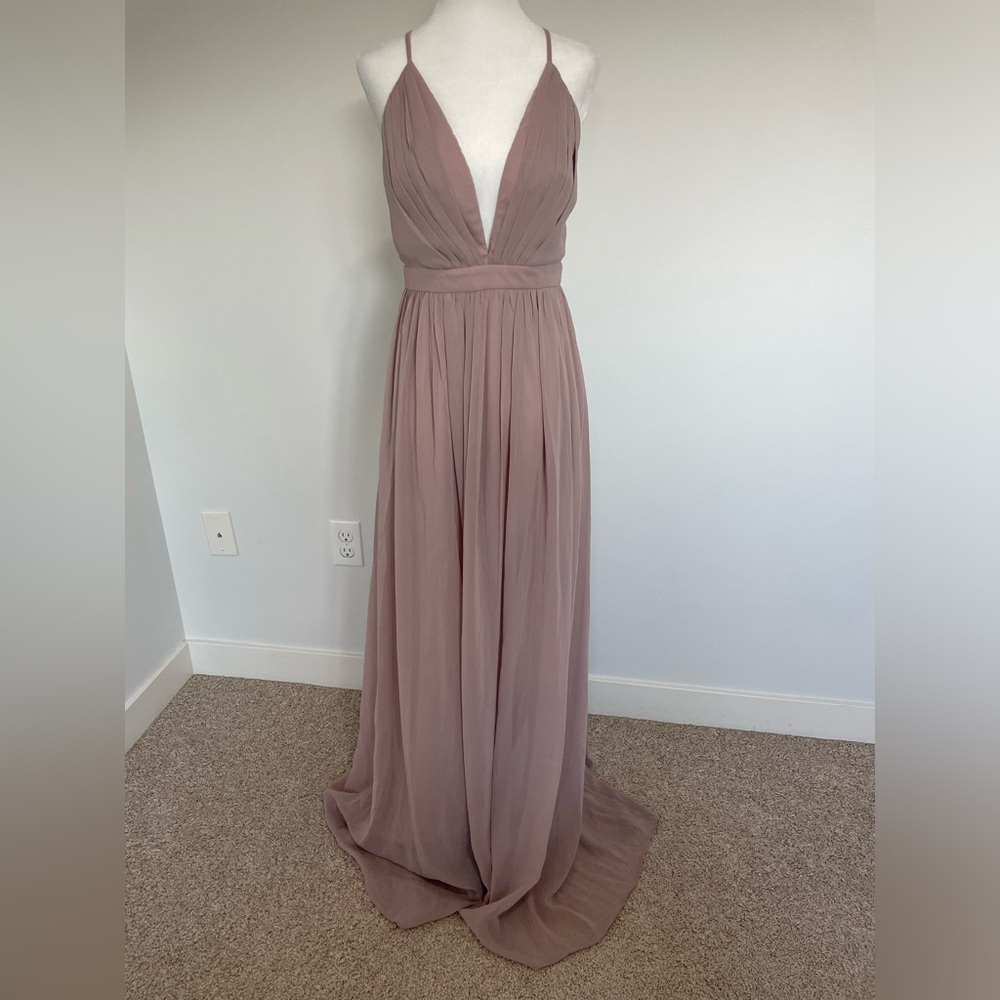 Maniju Mauve Chiffon Deep V Neck Maxi Dress - Size Medium